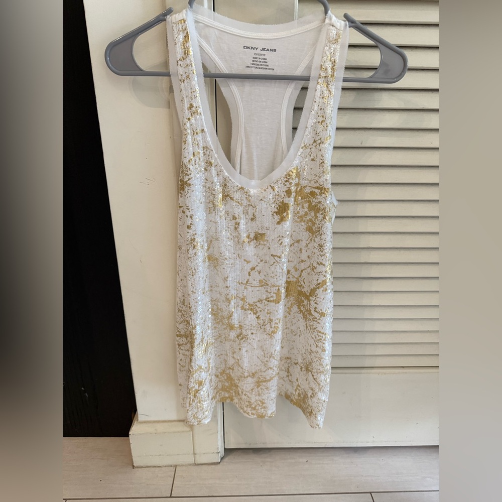DKNY White and Gold Splatter Tank Top